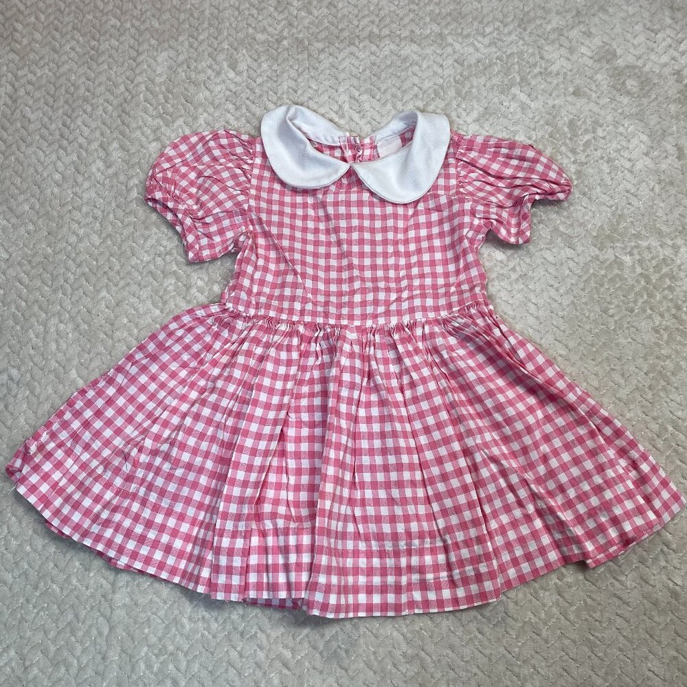 Vintage Kids Pink White Gingham Print Dress with Peter Pan Collar